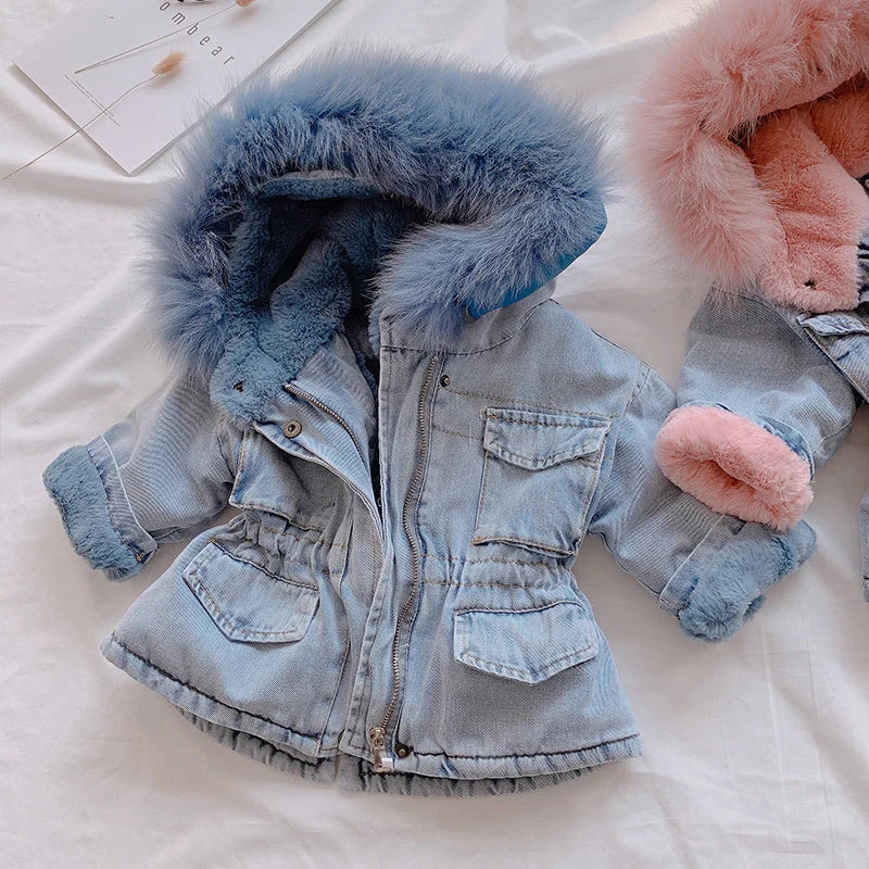 Girl denim coat in blue and pink with plus velvet lining and attached hat