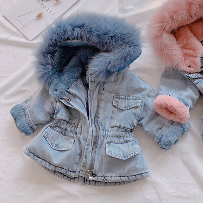 Girl denim coat in blue and pink with plus velvet lining and attached hat