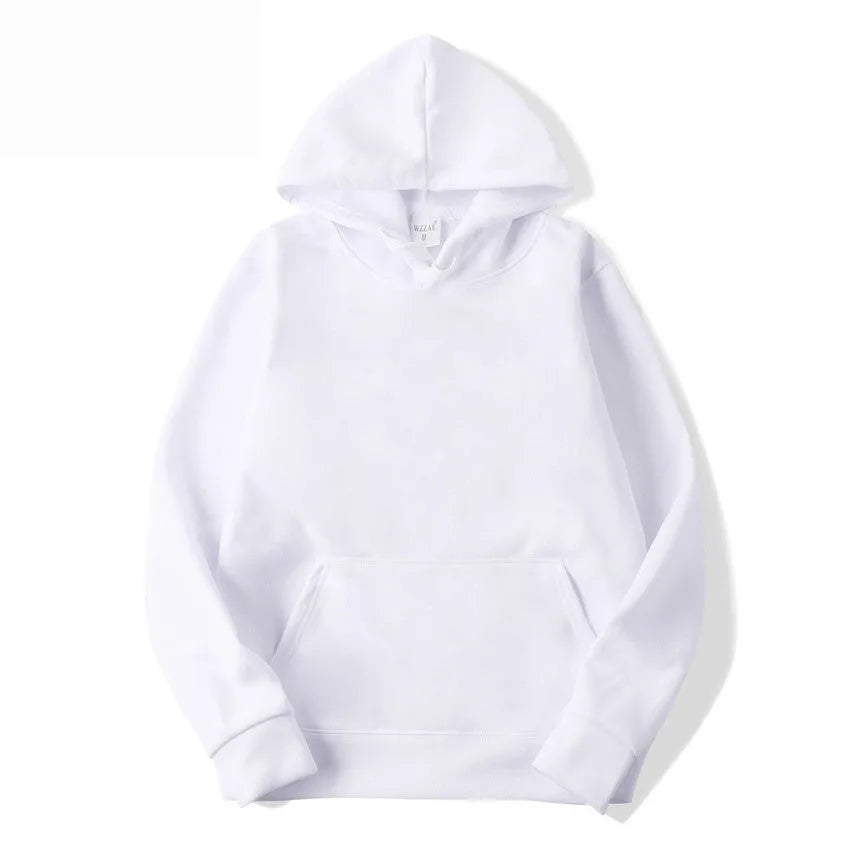 White cotton blend unisex pullover hoodie with hood and long sleeves on size chart