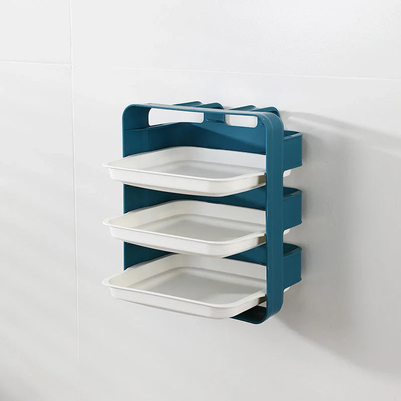 Wall-mounted kitchen side tray with six layers for efficient storage in blue, white, and coffee colour options