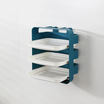 Wall-mounted kitchen side tray with six layers for efficient storage in blue, white, and coffee colour options