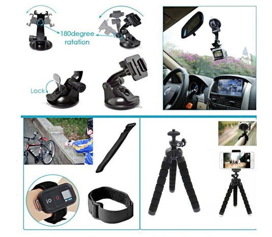 Black camera accessories kit with various mounts and straps for secure photography setup