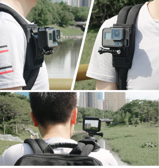 Black camera backpack clip holder with durable POM/PVC plastic and polyester cloth construction