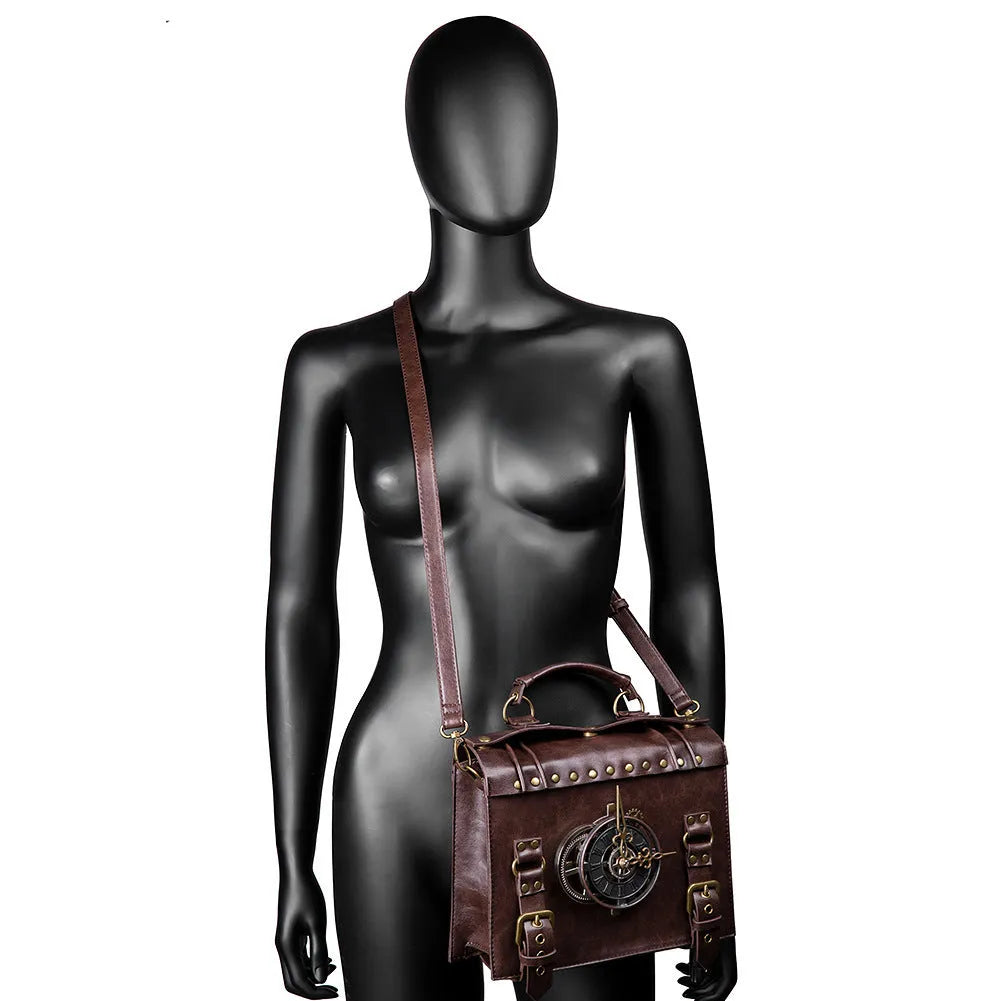 Bronze steampunk style square shoulder bag made of PU leather with metal hardware.