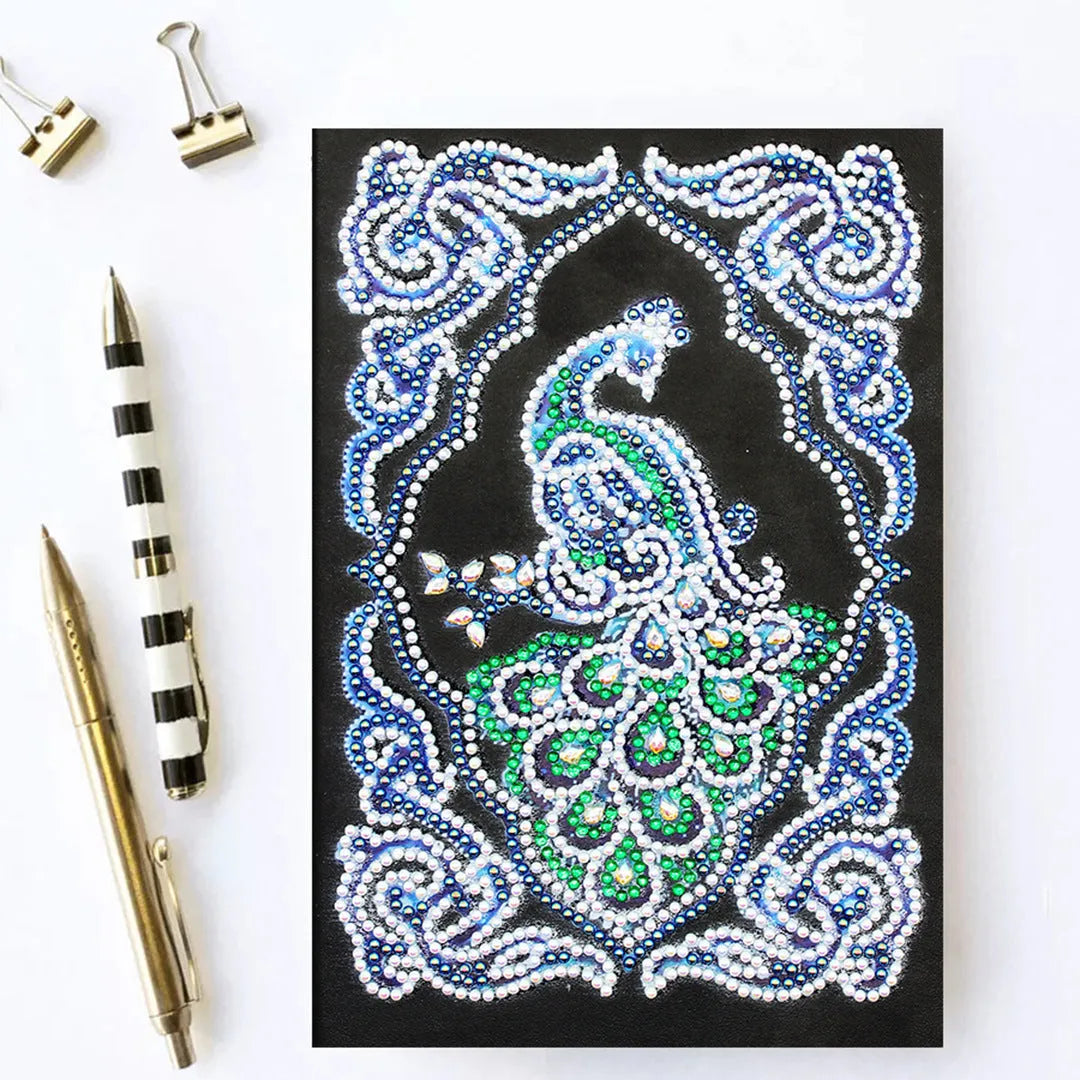 Black A5 diamond painting notebook with peacock design using shaped and bright drills.