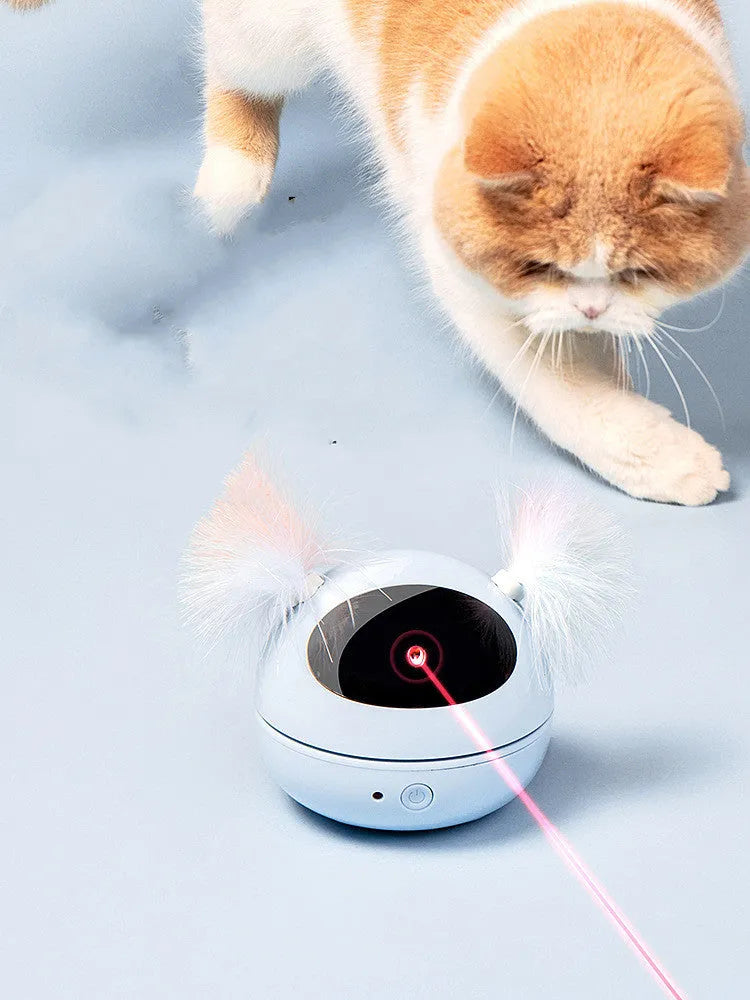 Automatic electric cat toy with ABS construction in white, showing laser teaser and robot bag design