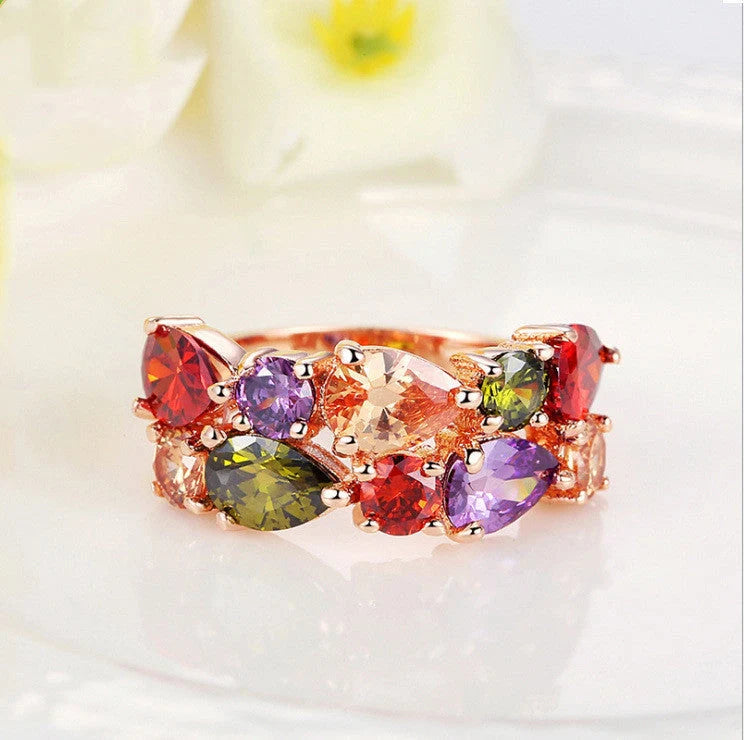 Coloured zircon ring with 18k gold electroplating and AAA zircon stones