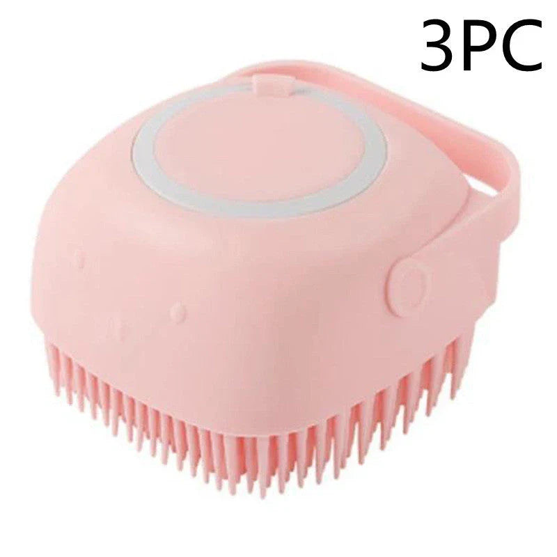 Premium silicone pet grooming brush with soft bristles, shampoo reservoir, and ergonomic handle for gentle, effective pet bathing and massage