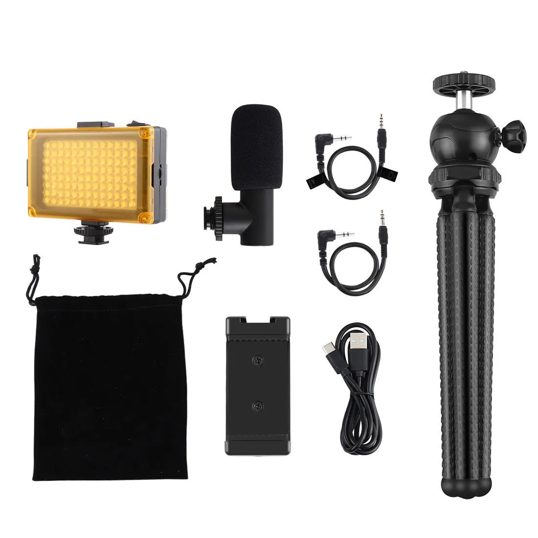 Black octopus-style flexible tripod kit with attached fill light and microphone for live broadcasting.
