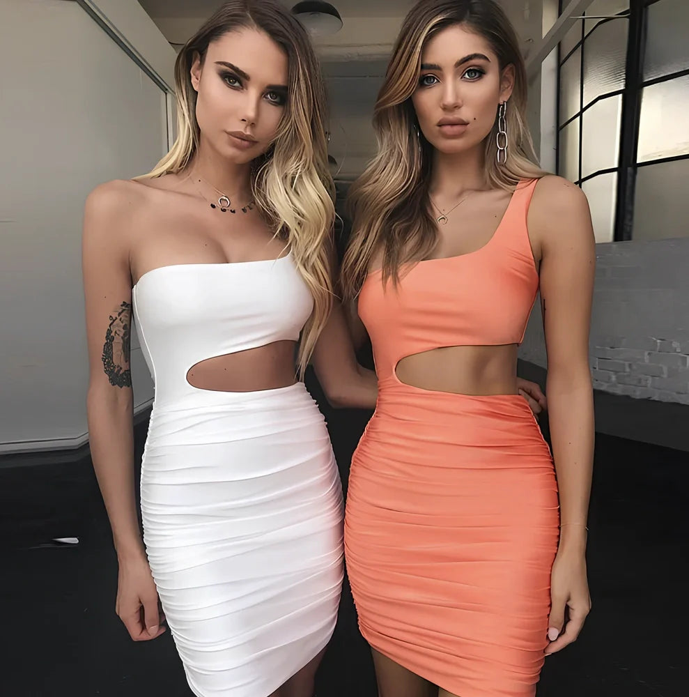 Slim one-shoulder mini dress in black polyester with wrapped chest, hollow sides, short 40cm length, sizes XS-XL