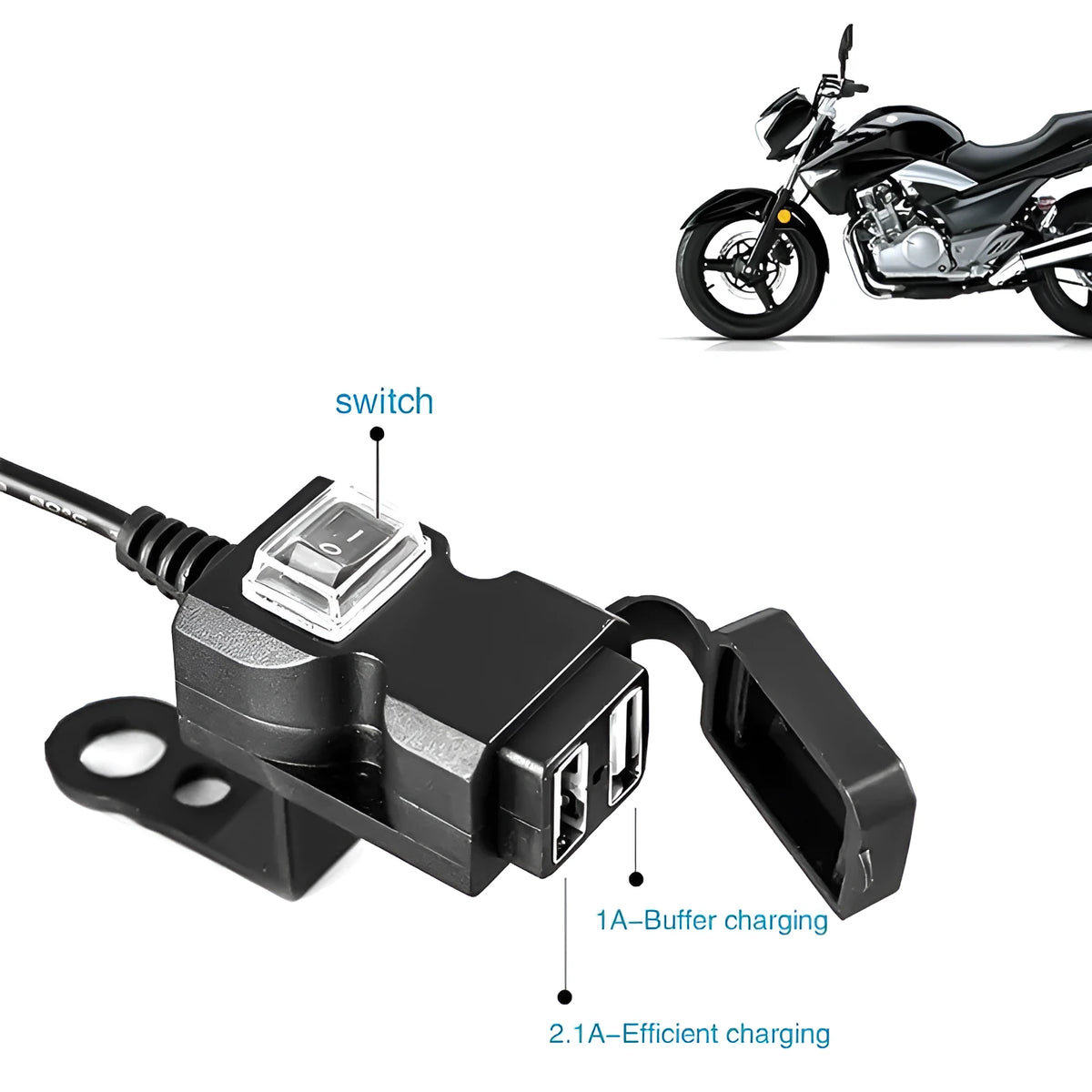 Dual USB 12V waterproof motorcycle handlebar charger with ABD housing, two ports for charging phones and GPS
