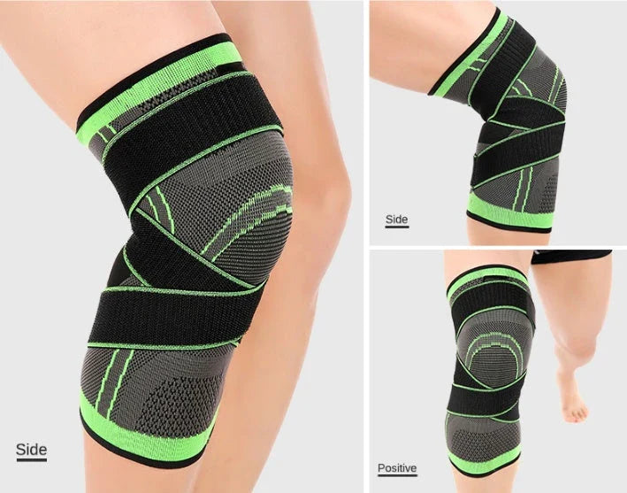 3D Sports Knee Pad in black, red, orange, and green with double beams for meniscus protection