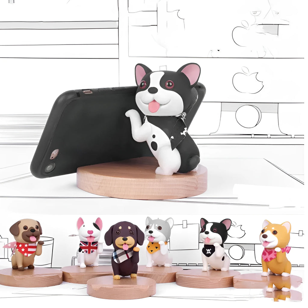 Wood and PC dog-shaped mobile phone holder for desk use, multiple colour options