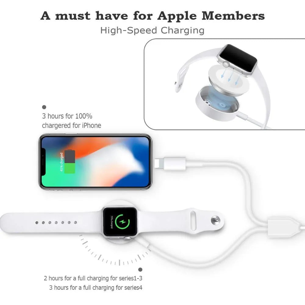 White two-in-one wireless charger for smartwatches with USB interface