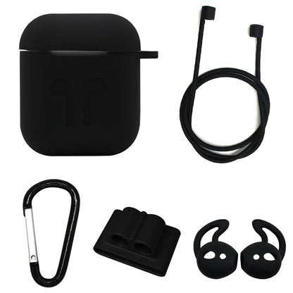 Black silicone protective cover for AirPods with 10cm anti-loss rope, hanging buckle, and earplug sleeves, weighing 36g total