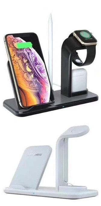 Black wireless charger bracket showing phone charging position with 10W output and dual USB ports