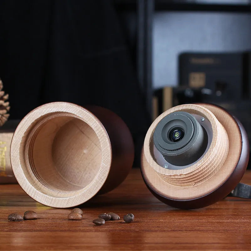 Manual coffee machine with solid wood barrel grinder and hand crank in coffee colour