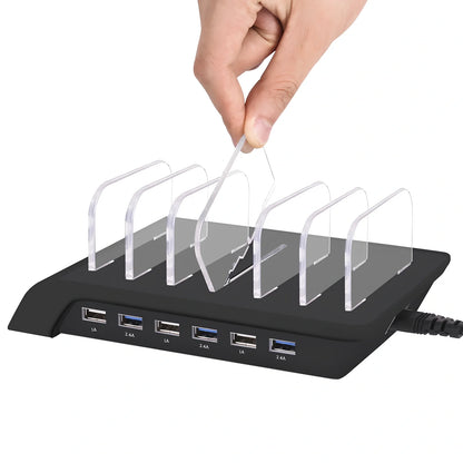 Six-port USB mobile phone charging stand with black finish showing six device slots and 150cm power cord