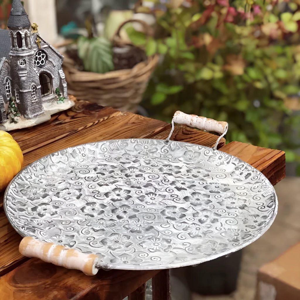 Round black wrought iron storage tray with European styling for jewellery and food organisation