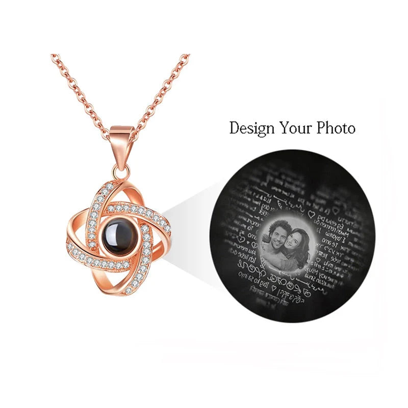 Original Projection Necklace with hidden love words in 100 languages, sterling silver, rose gold finish