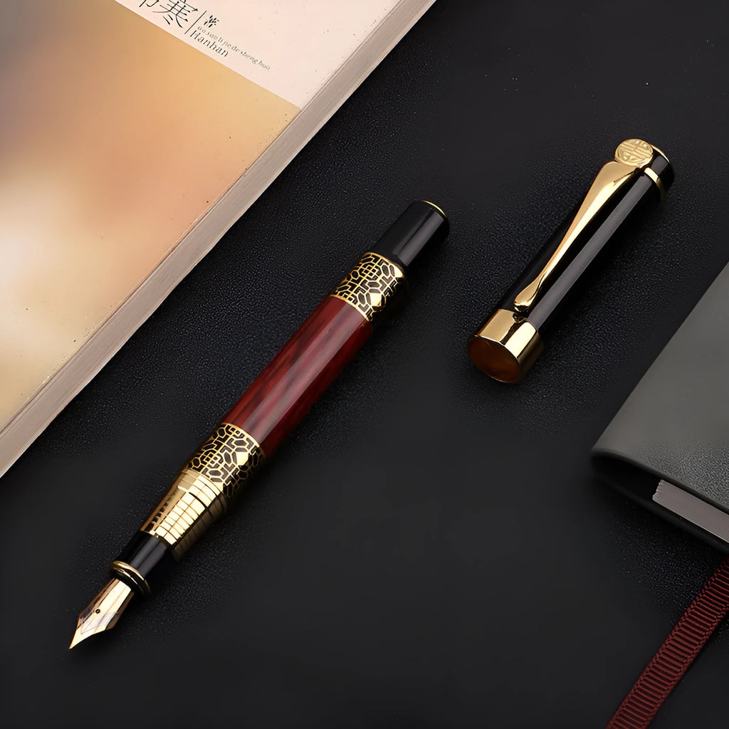 Imitation mahogany metal wood grain fountain pen with 0.5mm tip and black ink refill on desk