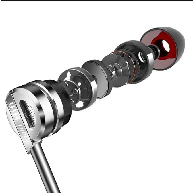 Black metal in-ear HIFI headphones with a tangle-free cable and 3.5mm jack.