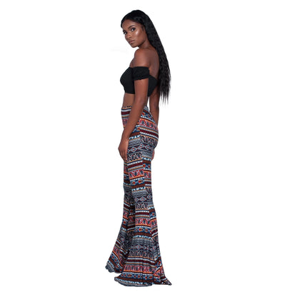 Slim-fit polyester trousers in navy blue, rose powder, blue flower, gold colour, and turquoise green