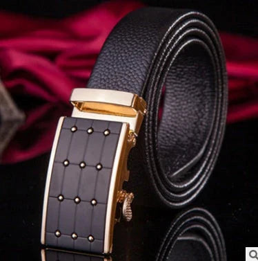 Men's automatic buckle leather belt with gold buckle head, 3.55cm width