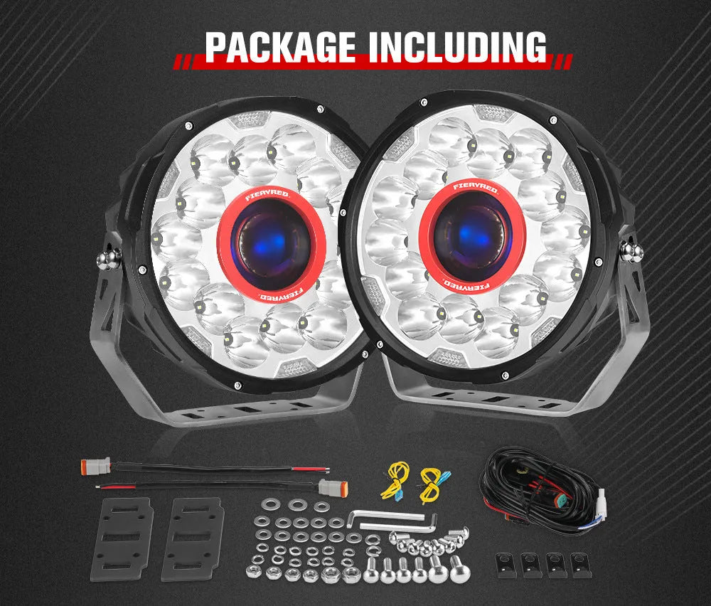 Pair of 7-inch red LED waterproof off-road vehicle lights with 11700LM output