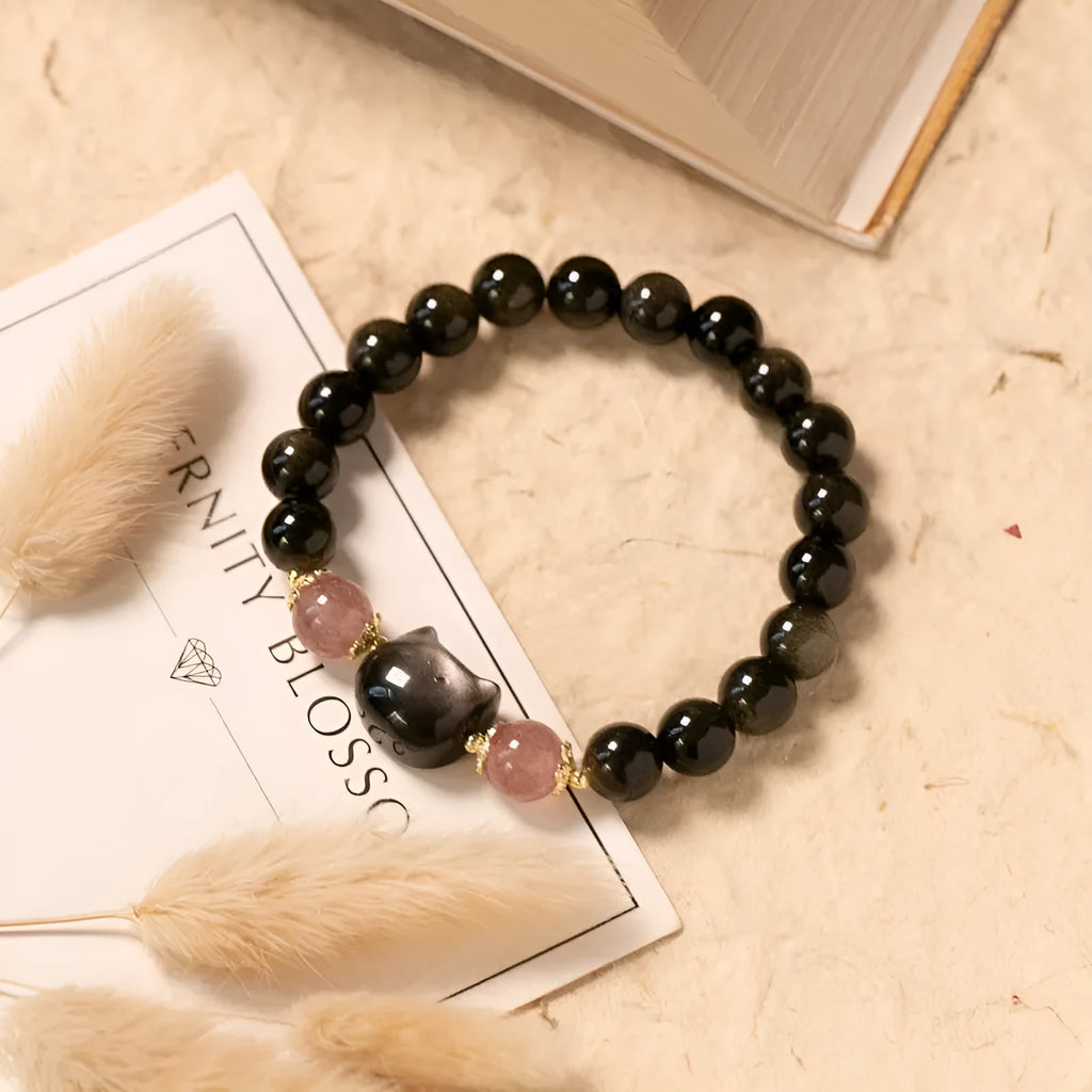 Natural black obsidian 8mm bracelet with kitty accessories and adjustable sliding knot