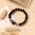 Natural black obsidian 8mm bracelet with kitty accessories and adjustable sliding knot