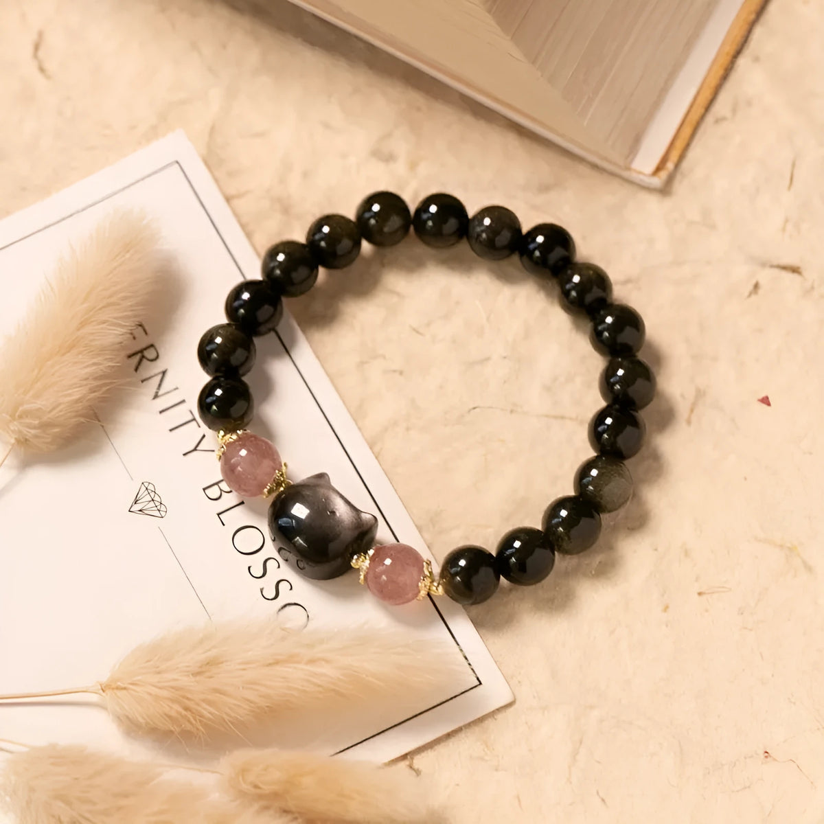 Natural black obsidian 8mm bracelet with kitty accessories and adjustable sliding knot