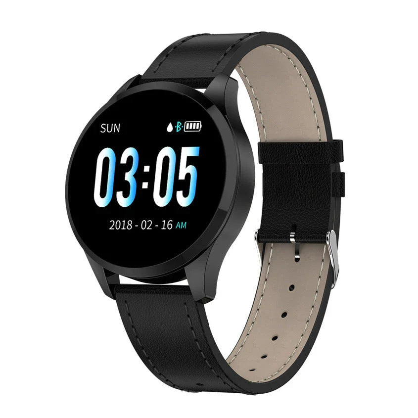 Round screen smart watch with health monitoring features and multi-language support