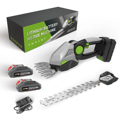 Wireless handheld hedge trimmer in green with 3600rpm speed for efficient garden maintenance