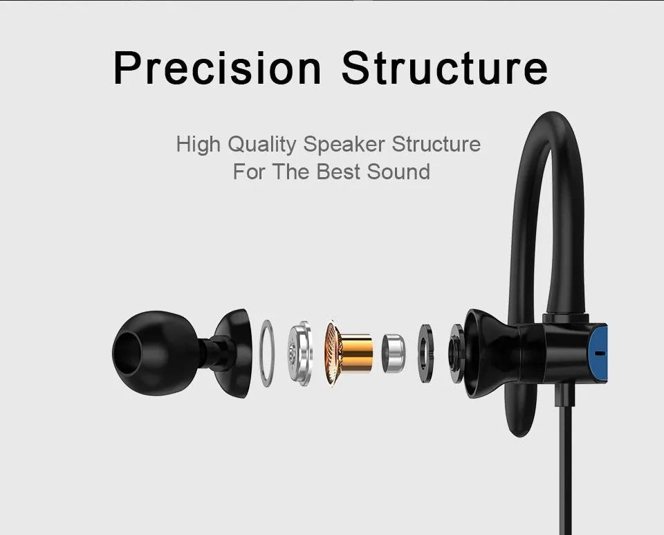 Black and blue universal sport earphone with flexible silicone ear hooks and gel earbuds, showing the 3.5mm jack.