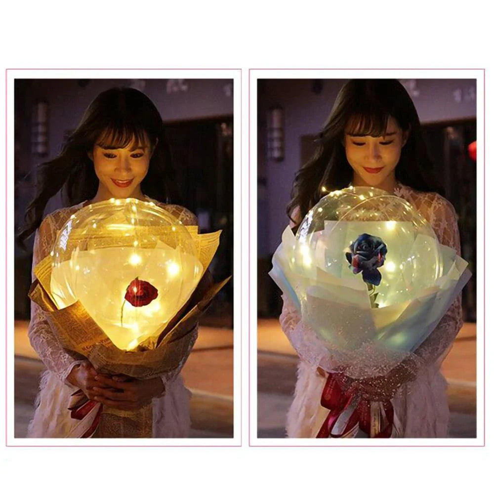 A captivating bouquet of LED-lit balloons and rose blooms, creating a mesmerizing ambiance for any celebration.