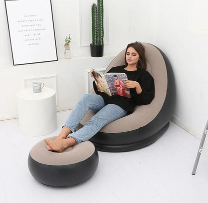 Inflatable flocking sofa in various colours, showcasing ergonomic design and portability