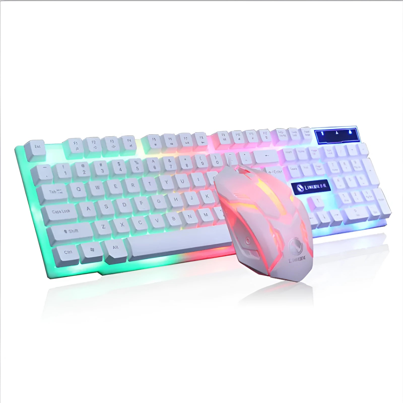 Limei GTX300 white and black wired USB gaming keyboard and mouse set with backlit keys on a desk.