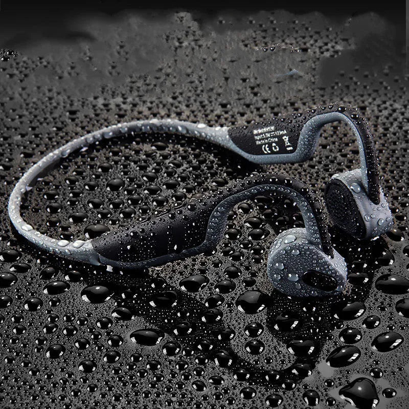 5.0 stereo bone conduction headphones in black, hanging ear design with bilateral drivers