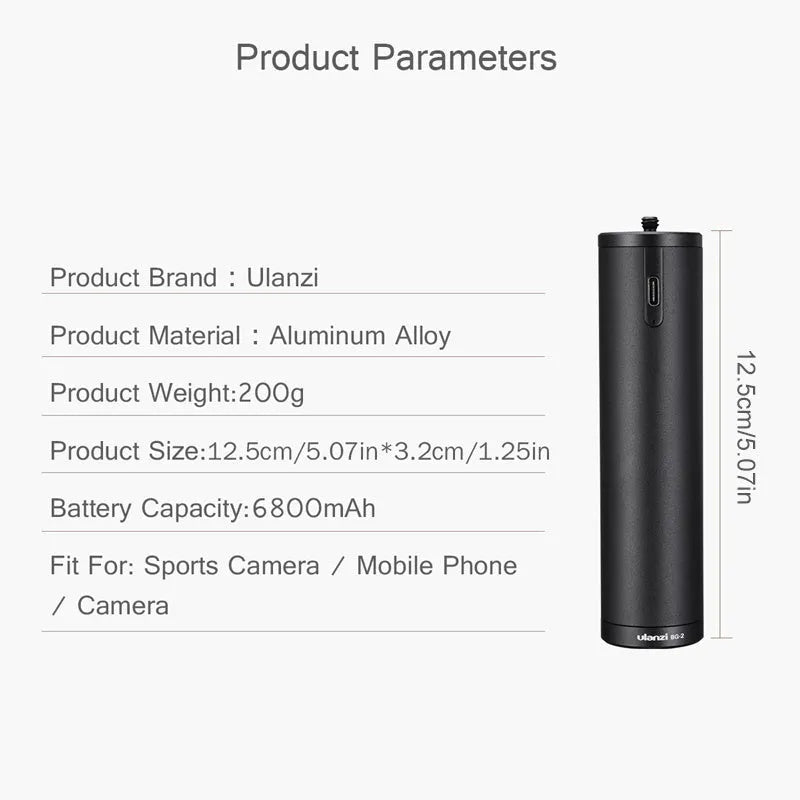 Black aluminium alloy power bank with carrying handle showing 6800mAh capacity and compact dimensions