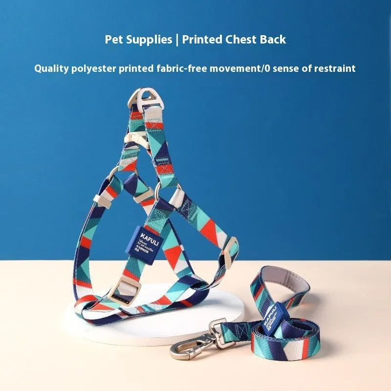Blue polyester dog harness and leash set with padded rope and adjustable chest strap