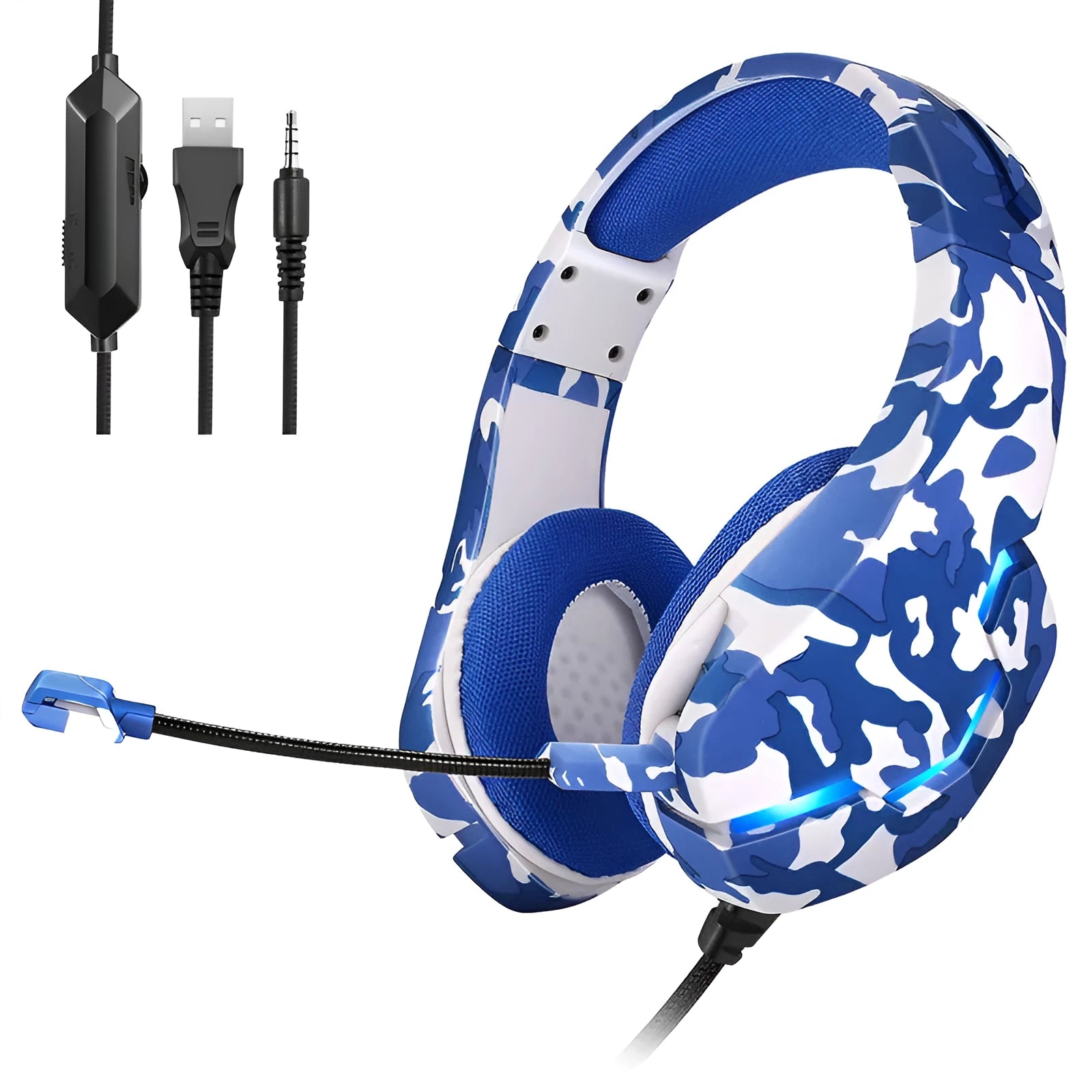 Wired gaming headset with cloth earmuffs in camouflage blue colour with braided cable