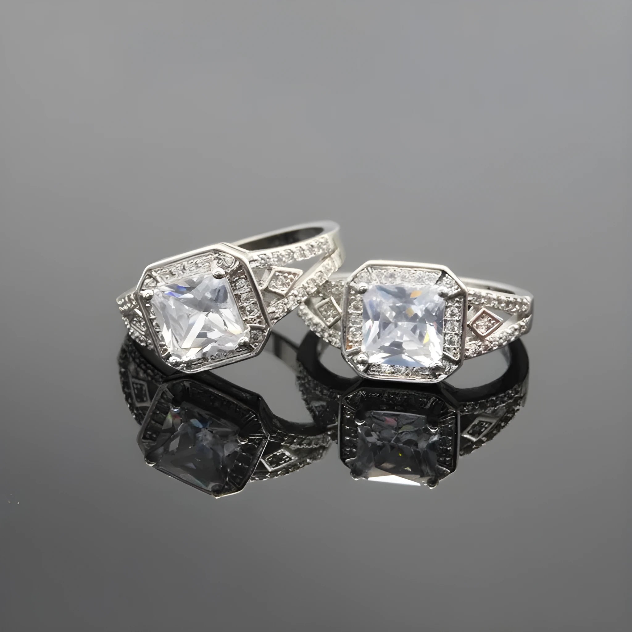 Women's geometric zircon ring with hollow quadrilateral design in platinum-colour copper