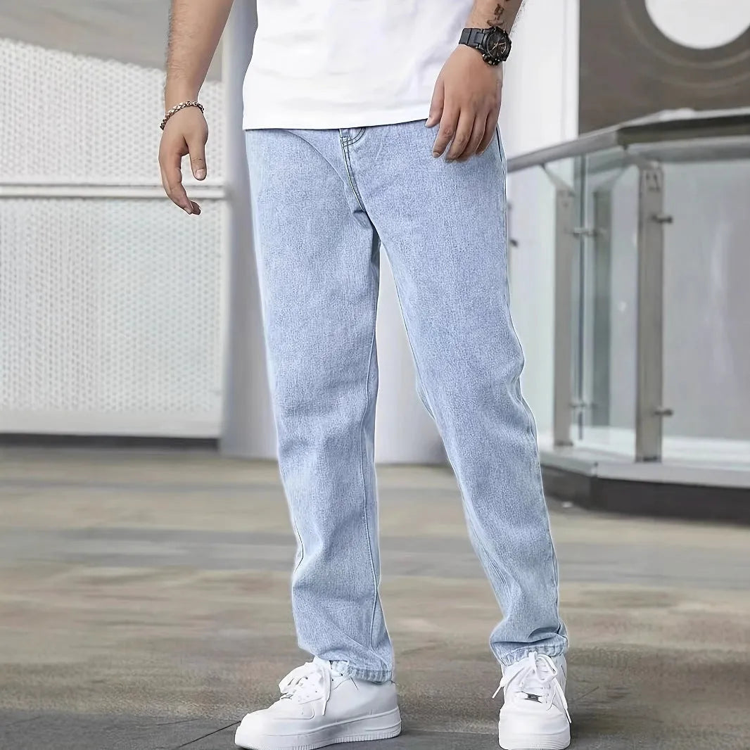 Youth slim jeans for men, light blue cotton straight-leg trousers with zip fly