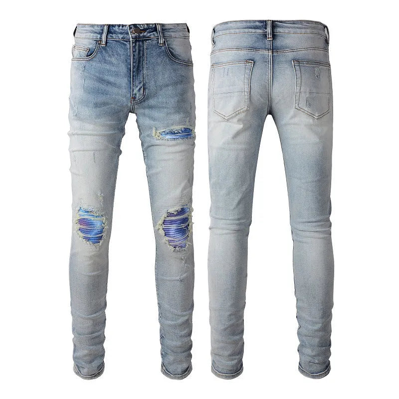 Distressed cat beard patch ripped stretch denim jeans for youth, mid rise, straight leg, cotton, sizes 28 to 40