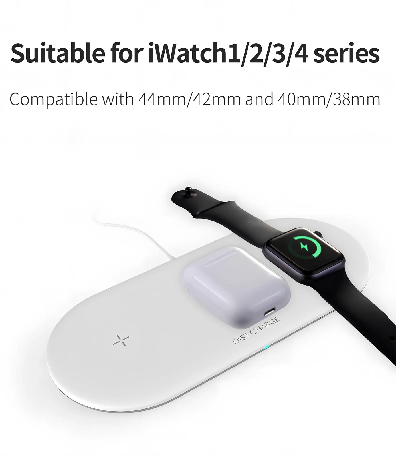 Black three-in-one wireless charger for iPhone at 10W, AirPods and Apple Watch at 5W, Qi standard with rubber base