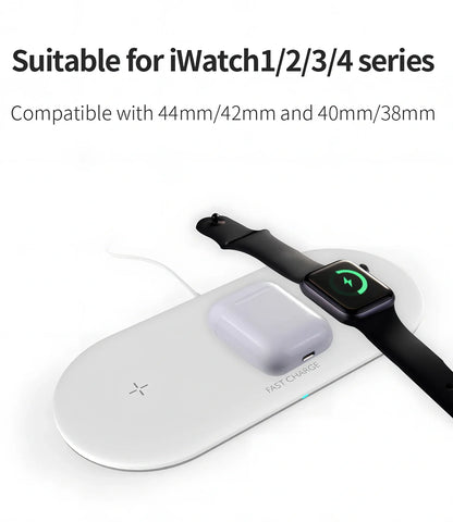 Black three-in-one wireless charger for iPhone at 10W, AirPods and Apple Watch at 5W, Qi standard with rubber base