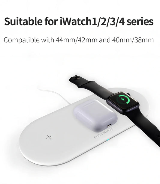 Black three-in-one wireless charger for iPhone at 10W, AirPods and Apple Watch at 5W, Qi standard with rubber base