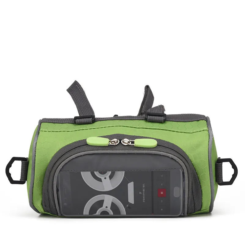 Rainproof polyester bicycle handlebar bag in black with phone touch screen window and 1.5L capacity