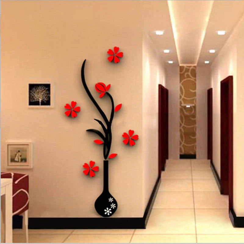 Creative acrylic 3D vase wall sticker in various colors and sizes for home and office decor